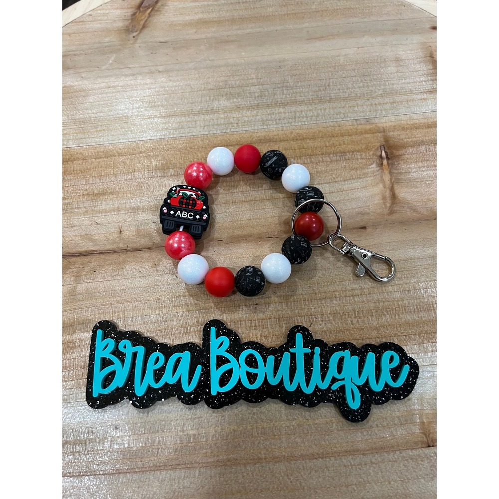 ABC Apple Truck Plaid Teacher Silicone Beaded‎ Bracelet Wristlet Keychain